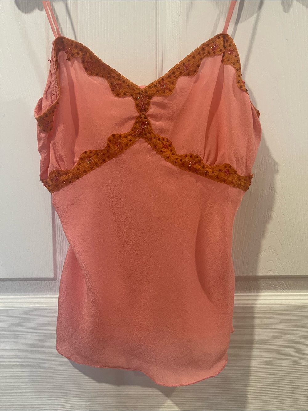 Y2K Buddha-Bar Silk handmade Pink Slip Camisole with Amber Lace Trim small
